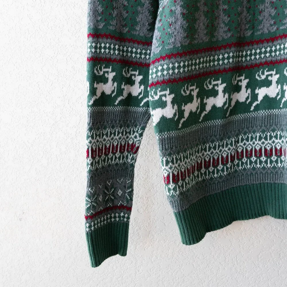 Aspen Men’s Fair Isle Sweater M Green Reindeer Christmas Holiday 100% Cotton
